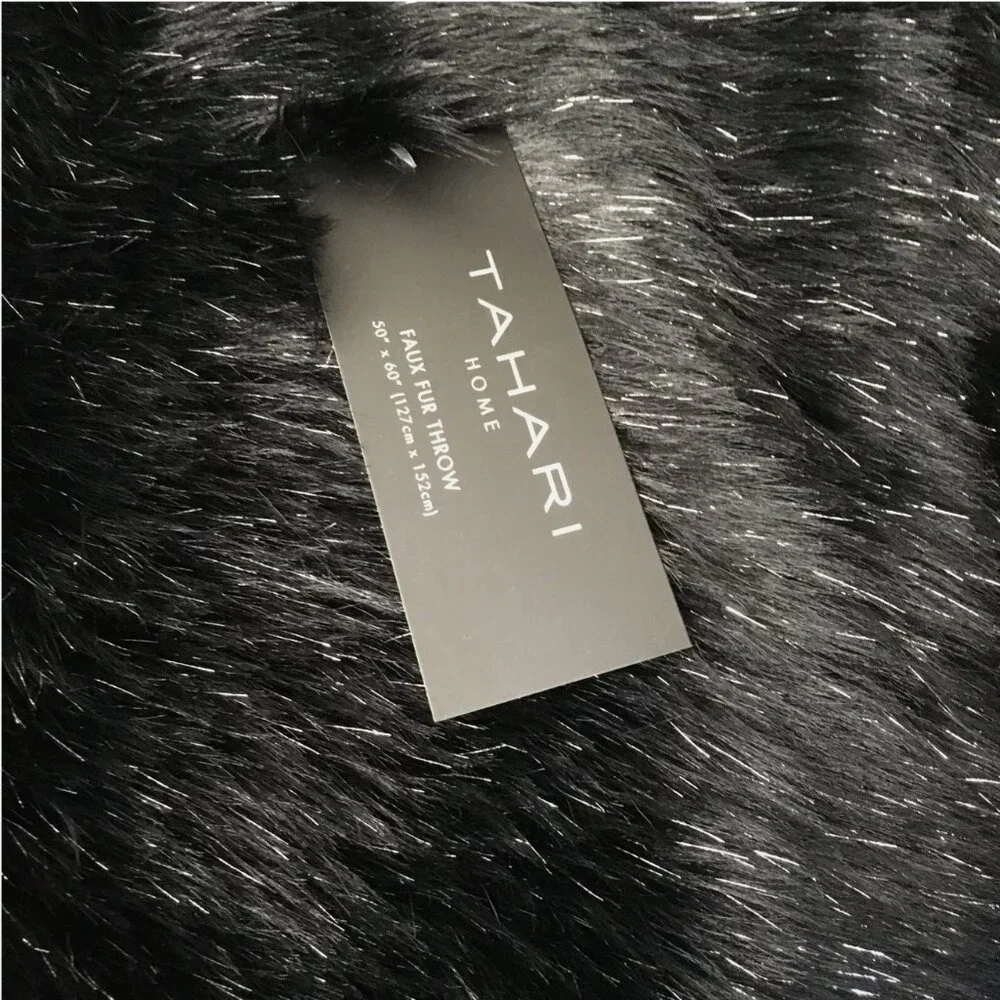 Tahari Black Faux Fur Throw Blanket Silver TInsel Luxury Halloween Decor NEW